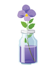 Illustration of a purple pansy flower in a clear glass vial