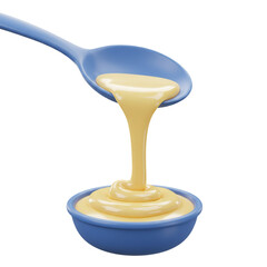 A smooth, creamy liquid gently flows from a blue spoon into a matching bowl, creating a delightful swirl.