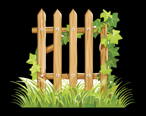 Vector Illustration of a Broken Picket Fence with Leaves and Vines