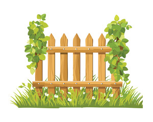 Vector Illustration of a Rustic Fence with Climbing Ivy and Leaves
