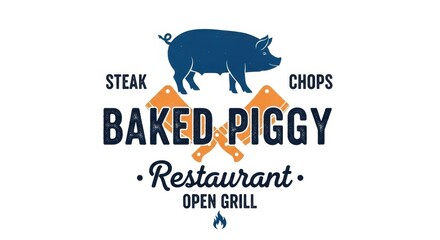 Obraz premium Vintage BBQ Logo Design Vector with Pig Silhouette, Cleavers, and Text 'BAKED PIGGY Restaurant'