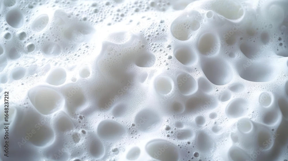 Poster close-up view of white foamy liquid with various sized bubbles creating a soft and airy texture