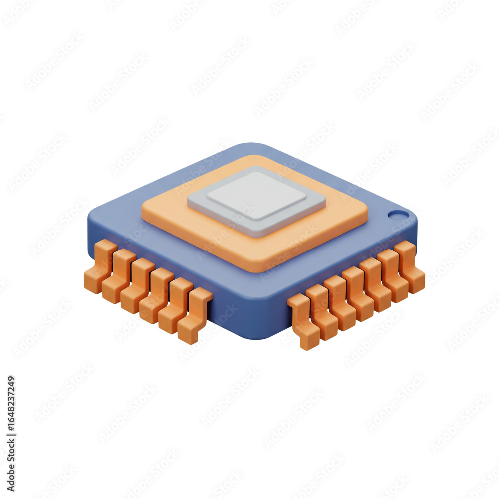 Poster a stylized three-dimensional computer processor with colorful layers represents modern technological