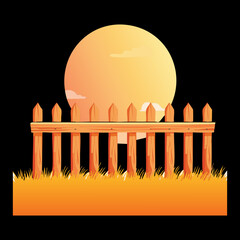 Night Landscape With A Fence, Hay And A Golden Moon