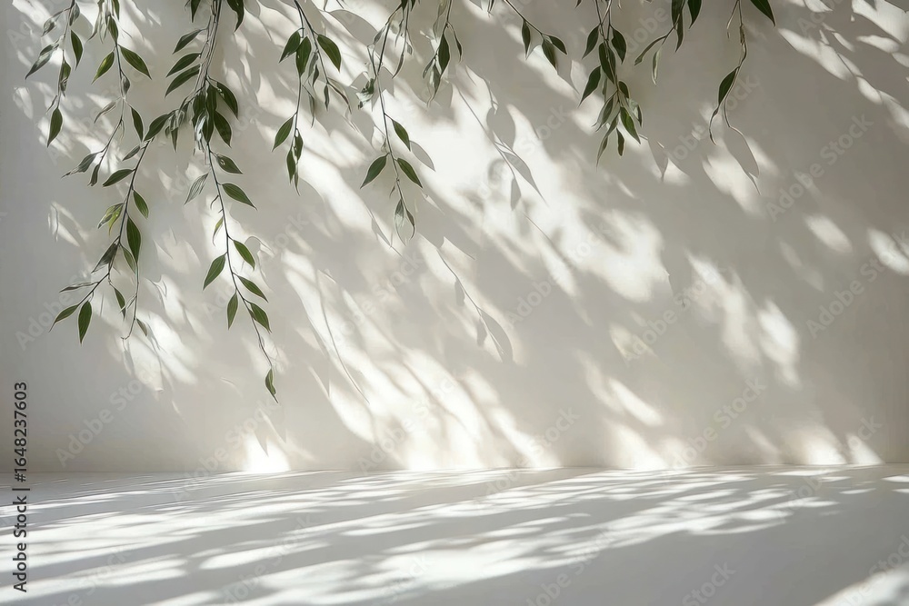 Poster delicate green leaves casting soft shadows on an off-white wall and surface creating a serene and ca