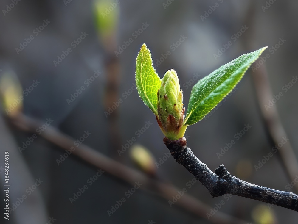 Poster close-up of a fresh green bud with small leaves emerging from a twig against a blurred grey and brow