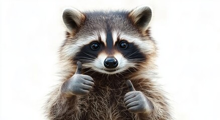 Cute raccoon with bright eyes giving two thumbs up against a plain light background conveying a positive and cheerful emotion