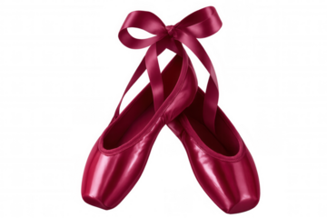 Ballet pointe shoes with satin ribbon tied together, isolated on transparent background, ready for dancing