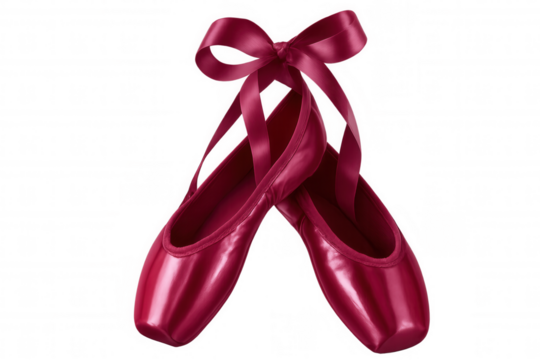 Ballet pointe shoes with satin ribbon tied together, isolated on transparent background, ready for dancing