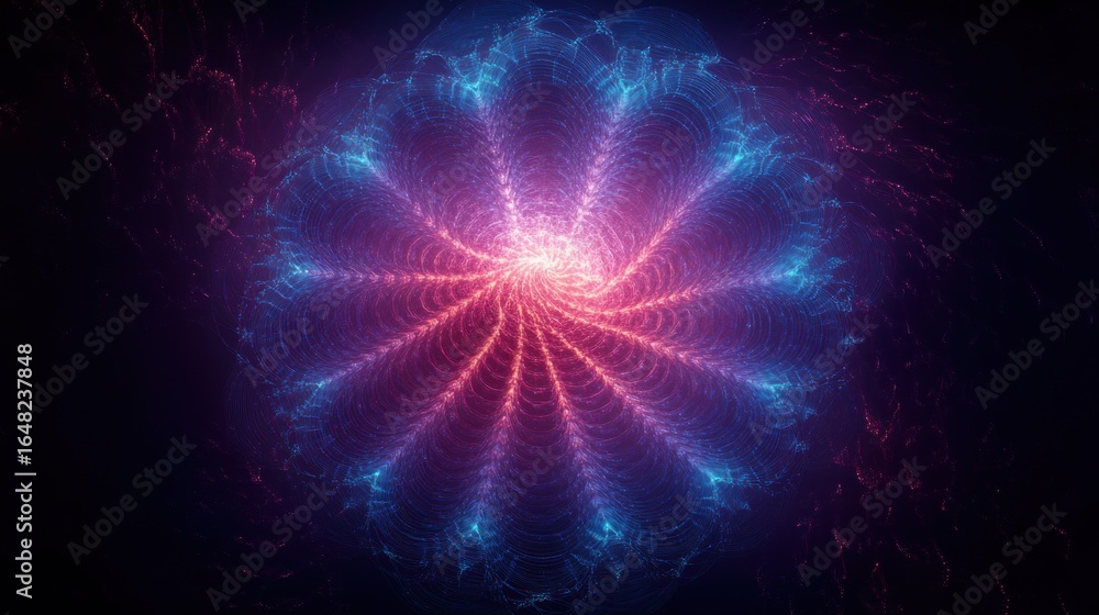 Poster intricate glowing fractal design with radiant blue and pink spirals forming a symmetrical, luminous 