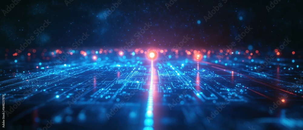 Poster close-up of a futuristic glowing blue and orange circuit board with light trails and digital particl