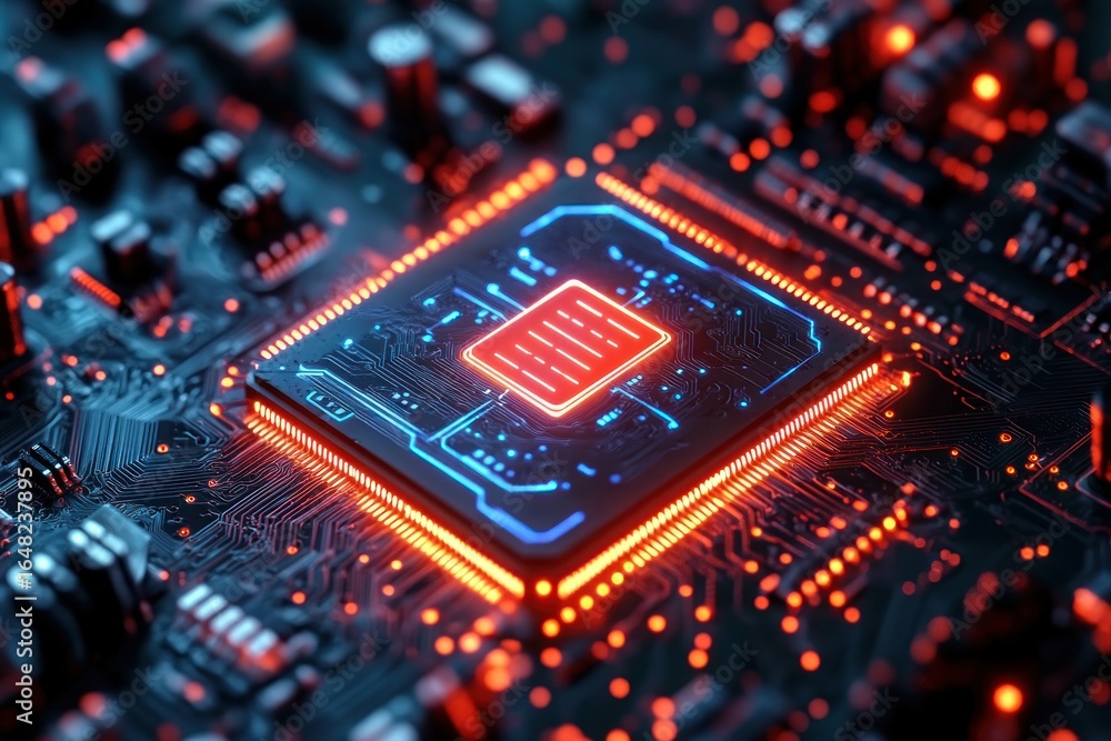Poster close-up of a glowing microchip on a circuit board with illuminated electronic components and intric