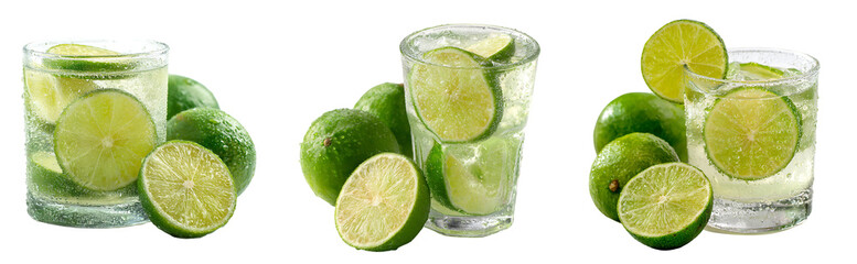 Three glasses of lime water with whole and sliced limes arranged on a white surface in a studio shot