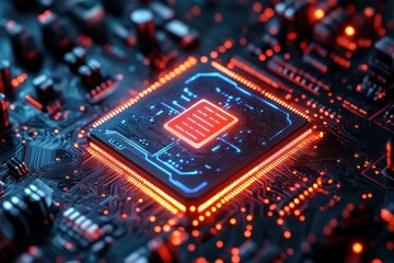 Fototapeta premium Close-up of a glowing microchip on a circuit board with illuminated electronic components and intricate connections in blue and orange light