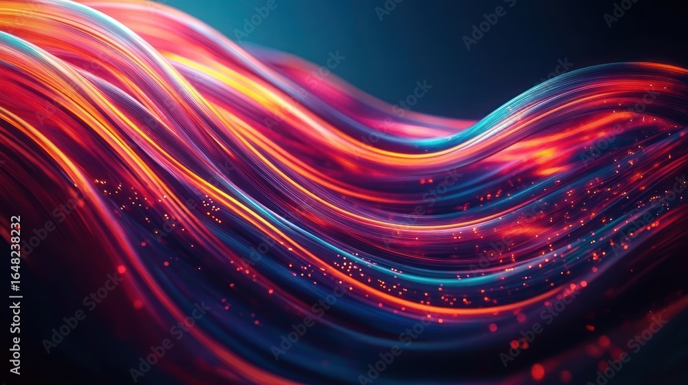 Poster abstract flowing wave lines with vibrant red, purple, and orange neon colors and glowing particles, 