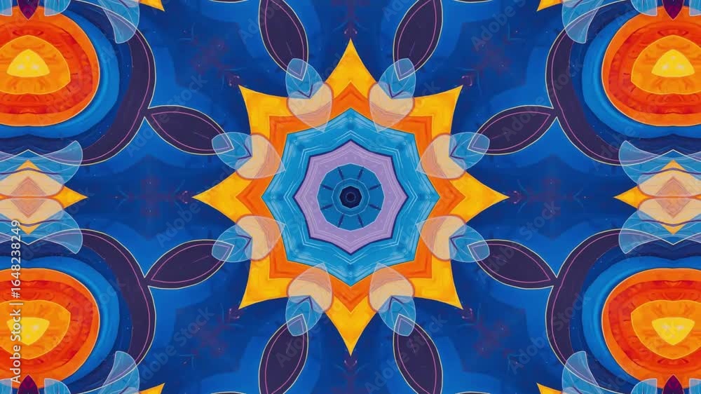 Poster vibrant kaleidoscopic mandala unfolds with intricate geometric patterns and bold colors creating mes