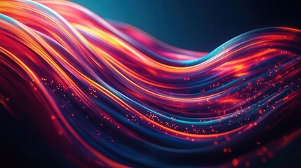 Abstract flowing wave lines with vibrant red, purple, and orange neon colors and glowing particles, creating a dynamic and futuristic visual energy
