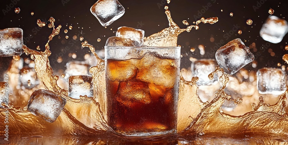 Poster glass of dark soda with ice cubes splashing around in dynamic motion on reflective surface with dark
