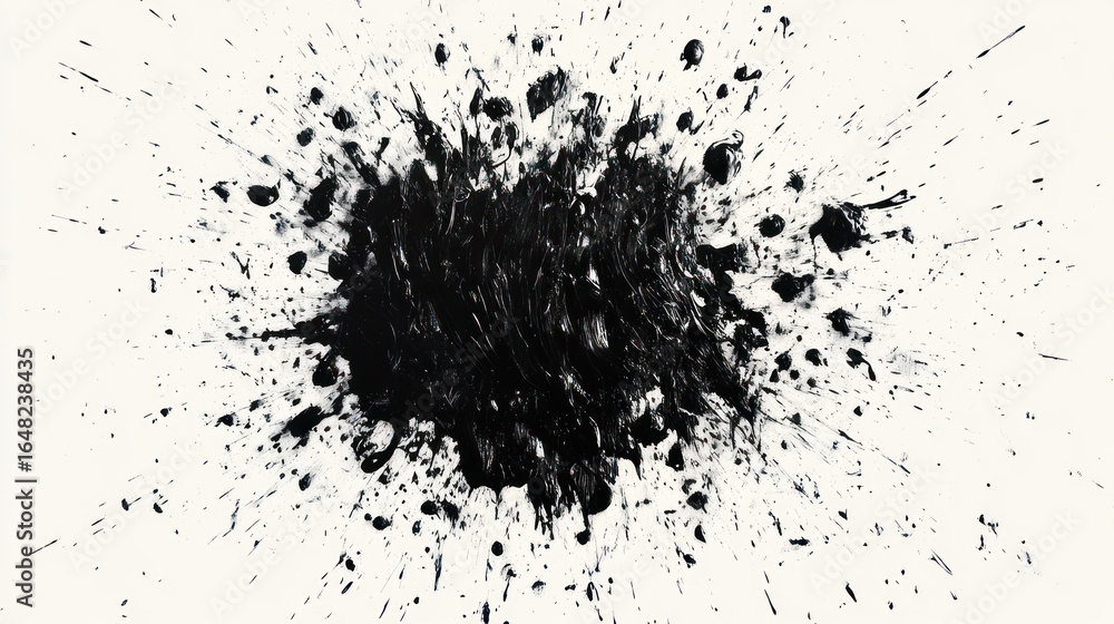 Poster large irregular black ink splatter with dynamic scattered droplets on white background conveying cha