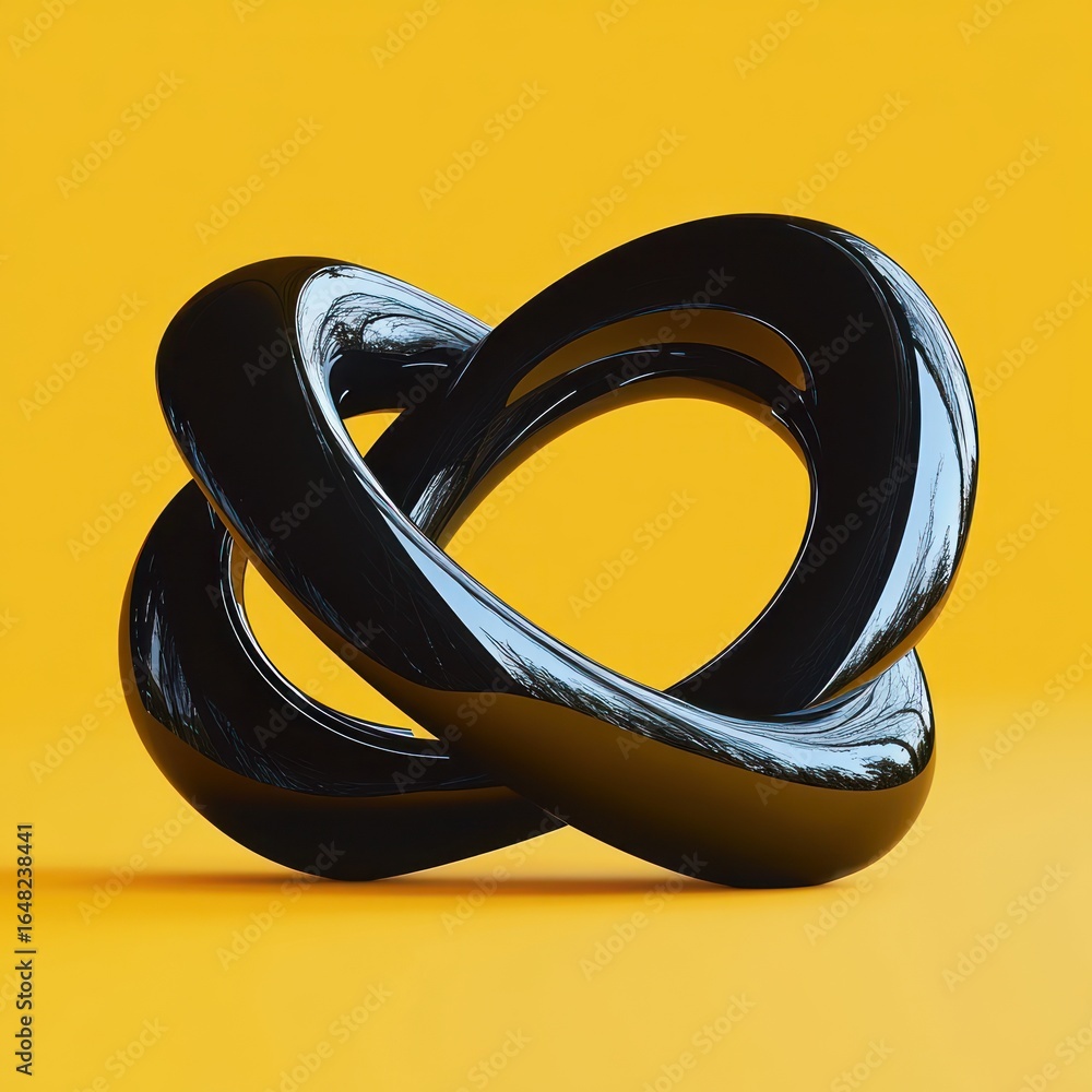 Poster shiny black abstract twisted loop sculpture on solid bright yellow background, smooth surface reflec