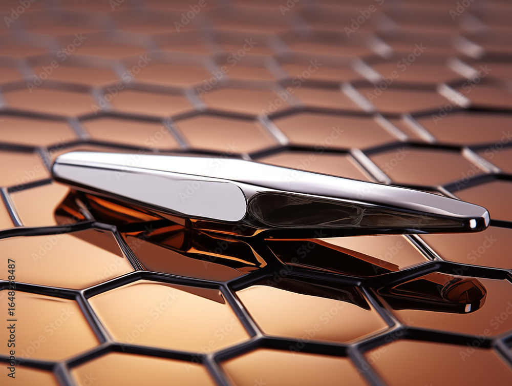 Poster sleek modern metallic object resting on shimmering hexagonal surface, abstract technology concept