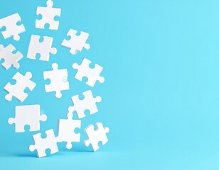 Fototapeta premium White puzzle pieces scattered on light blue background (1)