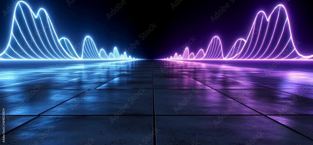 Poster 3d rendering of neon blue and purple glowing lines on a dark background with a reflection in a shiny
