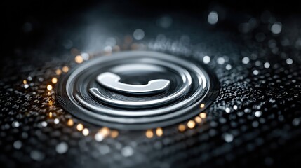 Sleek metallic phone icon pulsates with warm light, symbolizing connection and communication in a modern, abstract digital space