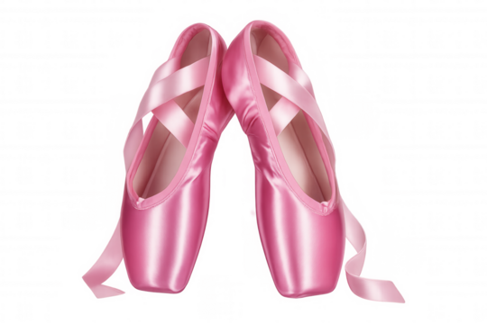 Delicate pink ballet pointe shoes displaying satin ribbons, symbolizing dancer's elegance and artistic performance against clean transparent backdrop