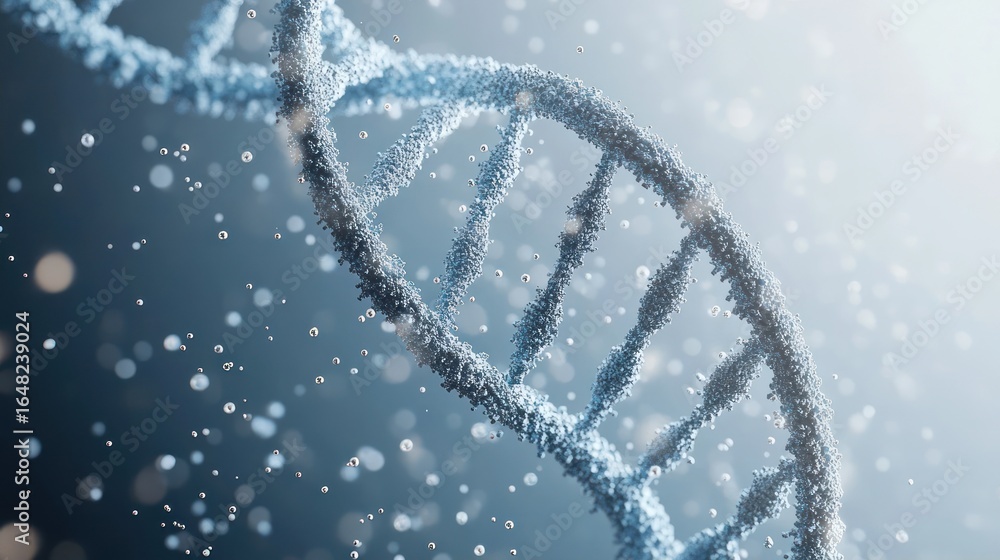 Poster close-up view of a detailed dna double helix structure composed of small spherical particles in a so
