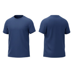 A simple crew neck t-shirt in a deep blue hue displayed from front and back angles showcasing casual apparel.