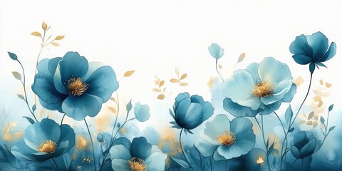 Elegant digital painting of blue flowers with golden accents on delicate stems against a soft white background, evoking calmness and serenity