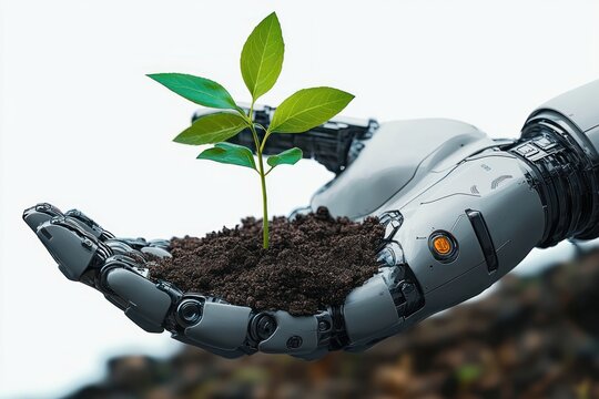 robotic hand gently holding soil with young green plant sprout symbolizing technology nurturing nature and growth