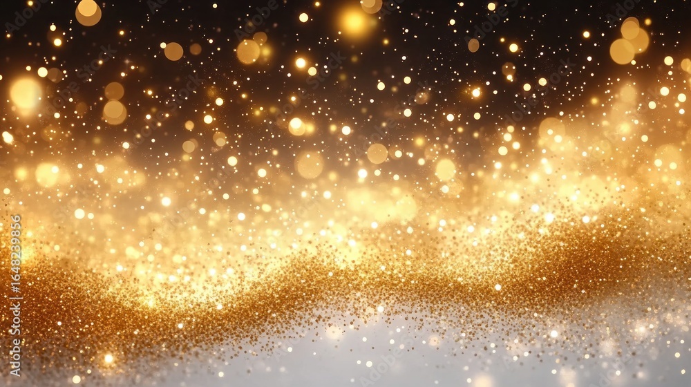 Poster abstract sparkling golden glitter particles shimmering on a dark background creating a festive and m