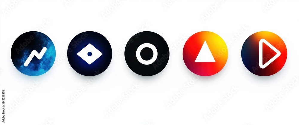 Poster five circular icons with simple geometric shapes including a zigzag line, diamond with dot, circle, 