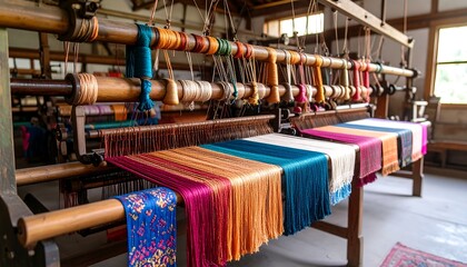 Antique loom with vibrant textiles