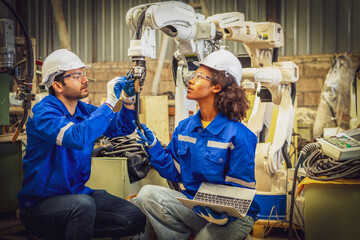 Electrical african american engineer with team testing artificial intelligence robot arm at high...
