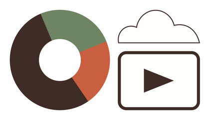 Circular chart with bold segments and cloud containing a play button. Ideal for analytics, cloud technology, media, sharing, streaming, business reporting, modern communication. Simple flat metaphor