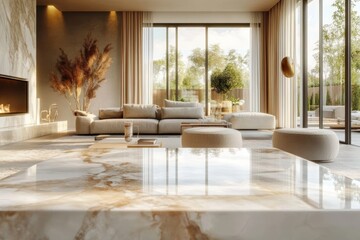 Bright and spacious living room with plush beige sofa, marble coffee table, round poufs, tall dried plants, large sliding glass doors overlooking lush garden in soft natural light