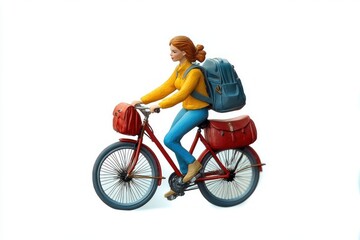 Fototapeta premium Miniature figure of a woman with red hair riding a red bicycle, wearing a yellow jacket and blue pants, carrying blue backpack and red bags, isolated on white