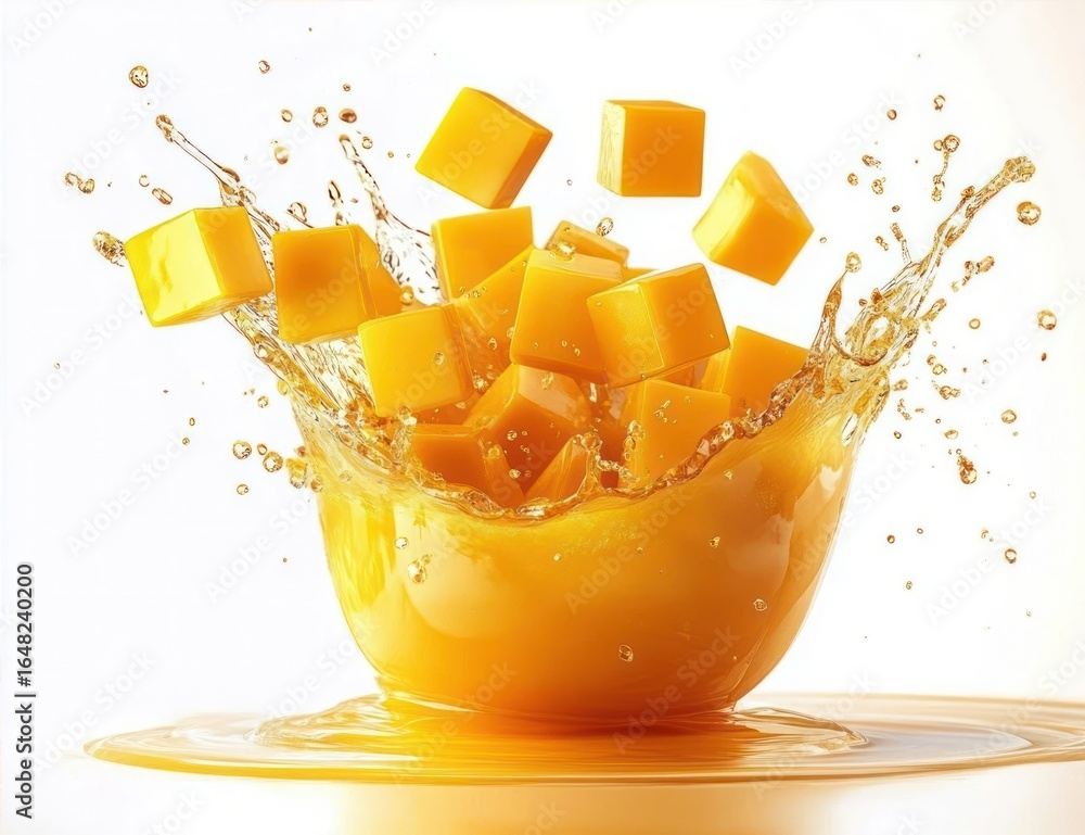 Poster multiple small yellow cubes splashing into a bowl filled with yellow liquid, creating dynamic drople