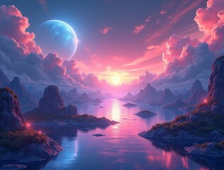 An abstract dreamscape blending vibrant digital landscapes, floating geometric shapes, and pulsating energy waves