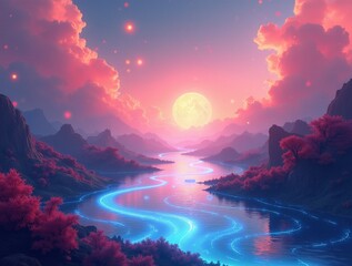 An abstract dreamscape blending vibrant digital landscapes, floating geometric shapes, and pulsating energy waves