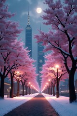 Enchanting Winter Cherry Blossom Avenue with Cityscape Under Moonlight