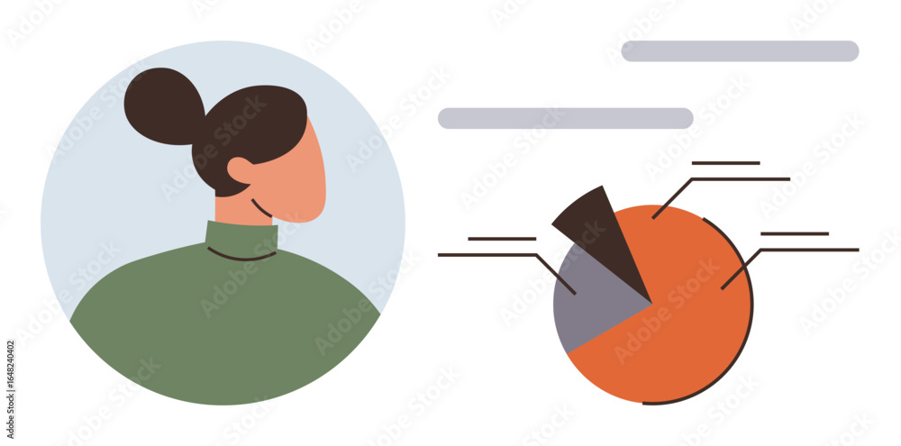 Aufkleber female profile alongside pie chart with segmented data and labels. ideal for business, analytics, pr