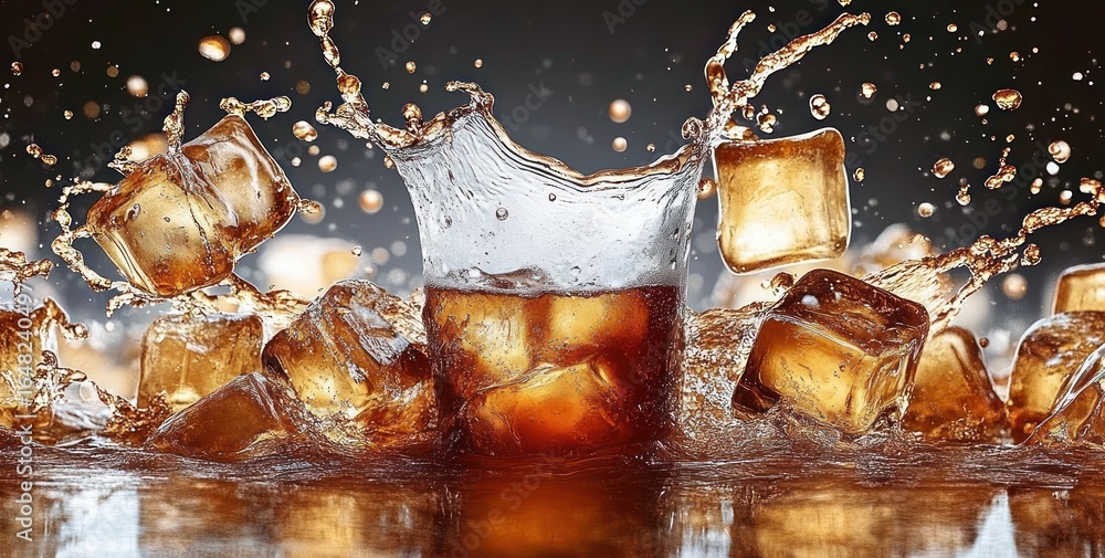 Poster dynamic splash of cold dark liquid with multiple ice cubes splashing around in energetic motion agai