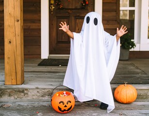 Cute Little Child Dressed as a Ghost for Halloween Standing on Porch with Candy Bucket and Pumpkin