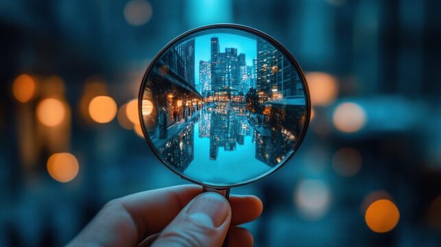 Close-up of a hand holding a magnifying glass focusing on illuminated modern skyscrapers reflecting in water during evening