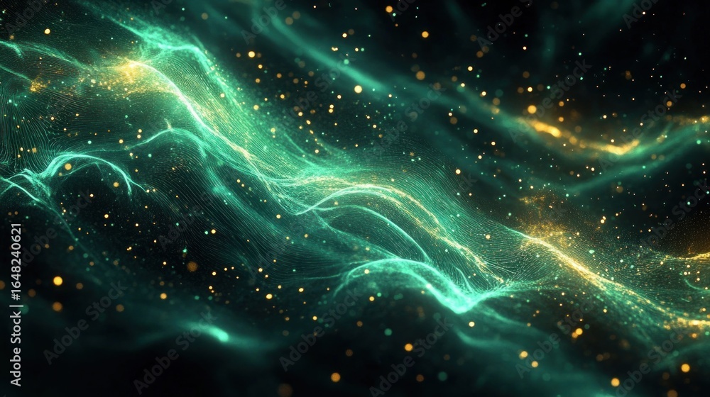 Poster abstract glowing waves of teal and gold particles flowing in a dark space creating a sense of depth 