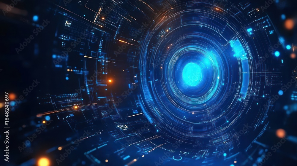 Poster futuristic digital tunnel with glowing blue circular core surrounded by intricate geometric neon blu